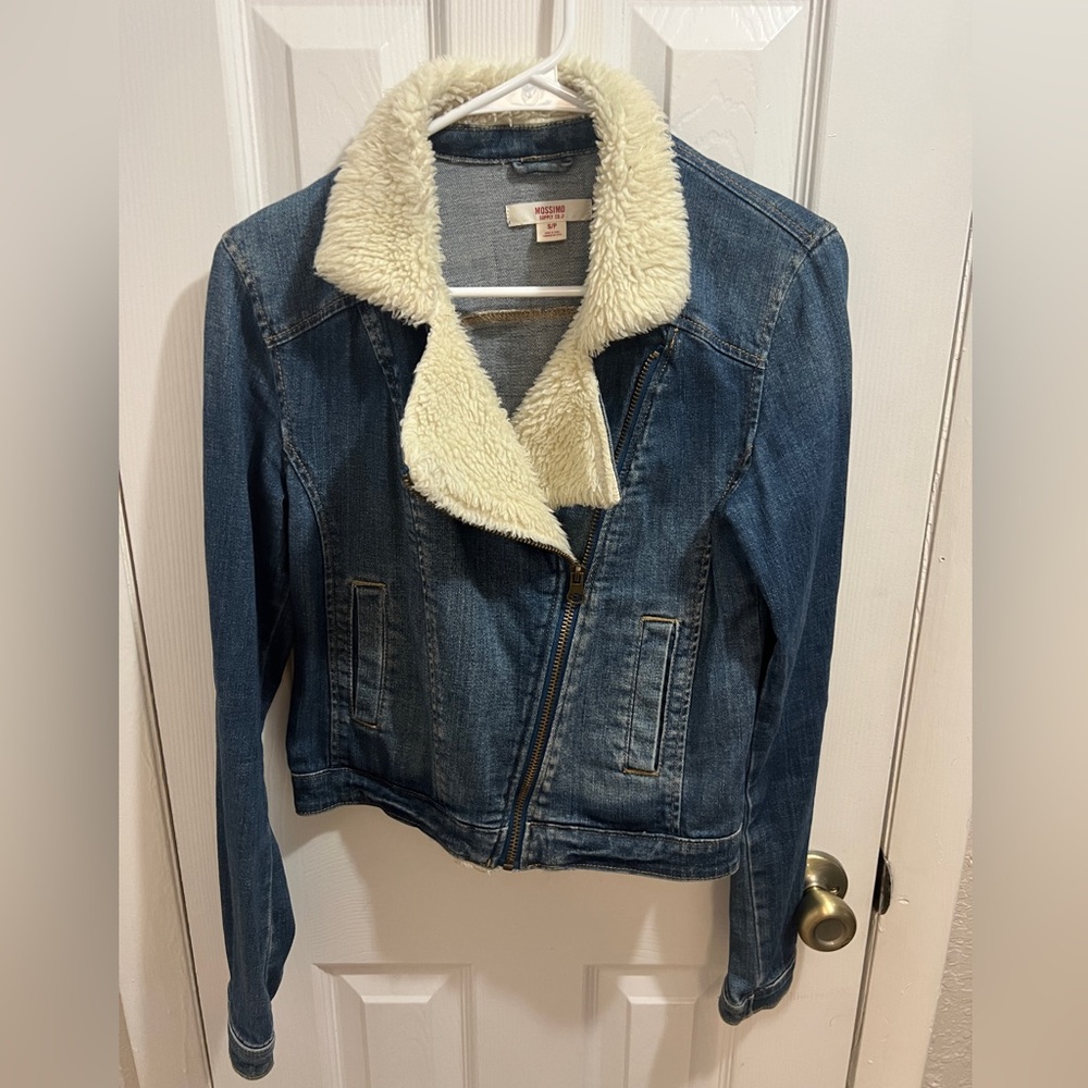 Sherpa zipper denim jacket with pockets